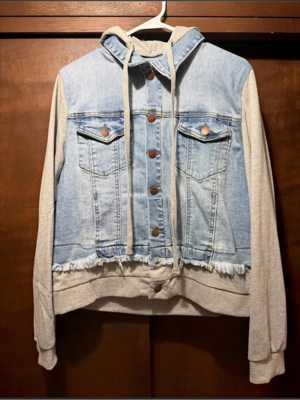 Light Wash Denim Jacket with Heather Gray Hoodie and Sleeves